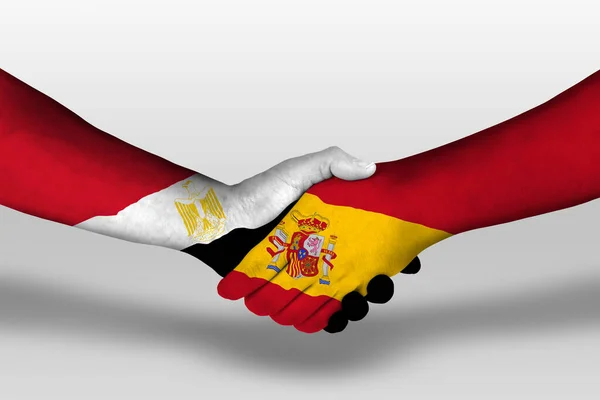 Aperto Mão Entre Espanha Bandeiras Egito Pintadas Mãos Ilustração Com — Fotografia de Stock