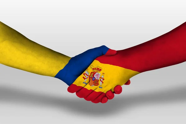 Uścisk Dłoni Między Hiszpanią Flagami Kolumbii Namalowanymi Rękach Ilustracja Ścieżką — Zdjęcie stockowe