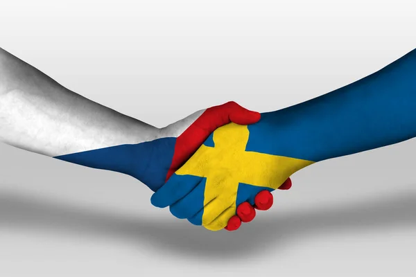 Apretón Manos Entre Suecas Checas Banderas República Pintadas Las Manos —  Fotos de Stock