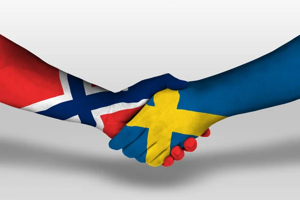 Handslag Mellan Svenska Och Norska Flaggor Målade Händer Illustration Med — Stockfoto