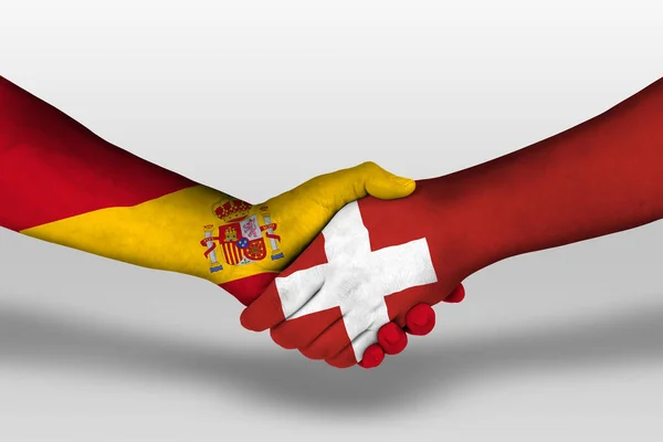 Handshake Switzerland Spain Flags Painted Hands Illustration Clipping Path — Zdjęcie stockowe