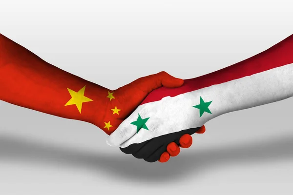 Handshake Syria China Flags Painted Hands Illustration Clipping Path — Stock Photo, Image