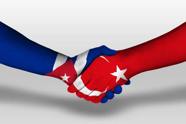 Handshake Turkey Cuba Flags Painted Hands Illustration Clipping Path — Fotografia de Stock