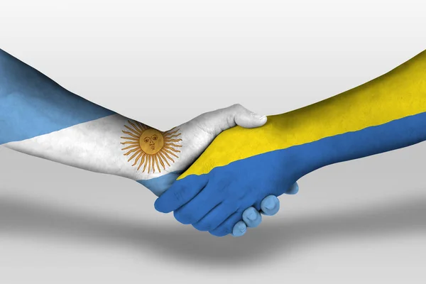 Saludo Entre Banderas Ucranianas Argentinas Pintadas Las Manos Ilustración Con —  Fotos de Stock