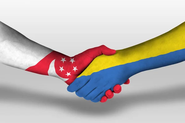 Handdruk Tussen Ukraine Singapore Vlaggen Geschilderd Handen Illustratie Met Knippad — Stockfoto