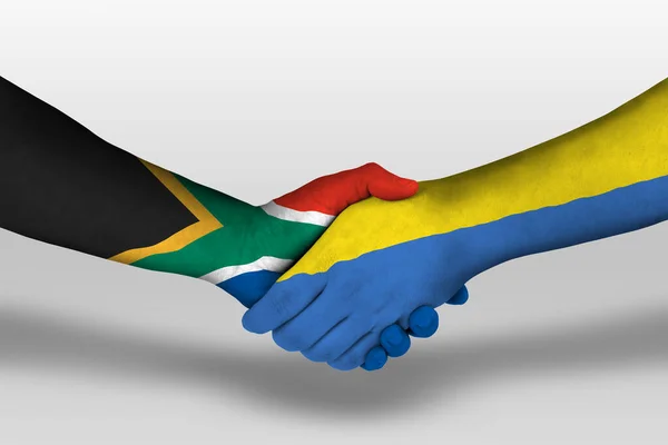 Aperto Mão Entre Bandeiras Ucrânia África Sul Pintadas Mãos Ilustração — Fotografia de Stock