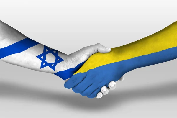 Handshake between ukraine and israel flags painted on hands, illustration with clipping path.