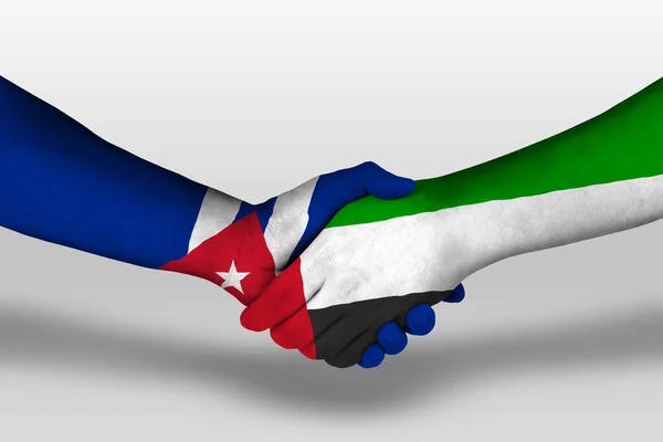 Рукостискання Між Єднаними Арабськими Еміратами Прапорами Куба Намальованими Руках Ілюстрація — стокове фото