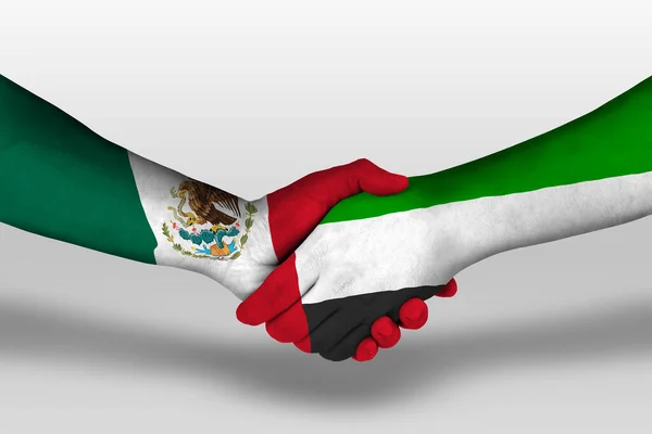 Χειραψία Μεταξύ Ενωμένων Αραβικών Εμιράτων Και Μεξικανικών Σημαιών Ζωγραφισμένη Στα — Φωτογραφία Αρχείου