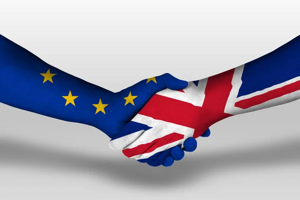 Χειραψία Μεταξύ Του Ηνωμένου Βασιλείου Και Της Ευρωπαϊκής Ένωσης Σημαίες — Φωτογραφία Αρχείου