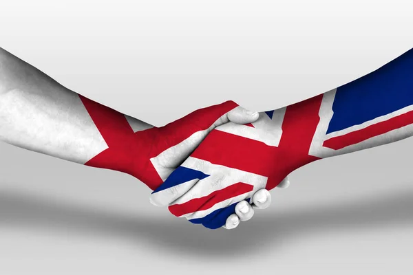 Χειραψία Μεταξύ Ενωμένου Βασιλείου Και Αγγλικές Σημαίες Ζωγραφισμένες Στα Χέρια — Φωτογραφία Αρχείου