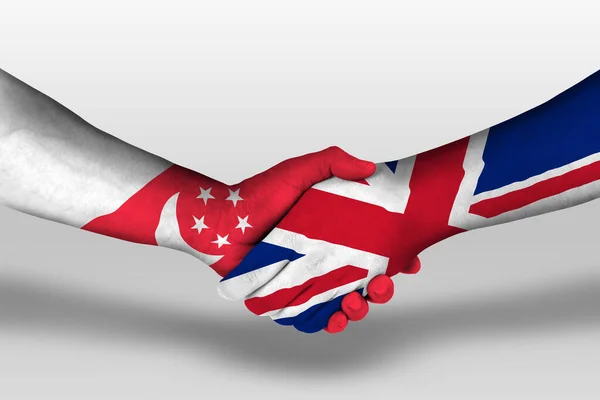 Рукостискання Між Єднаним Королівством Синг Прапори Намальовані Руках Ілюстрації Відсіканням — стокове фото
