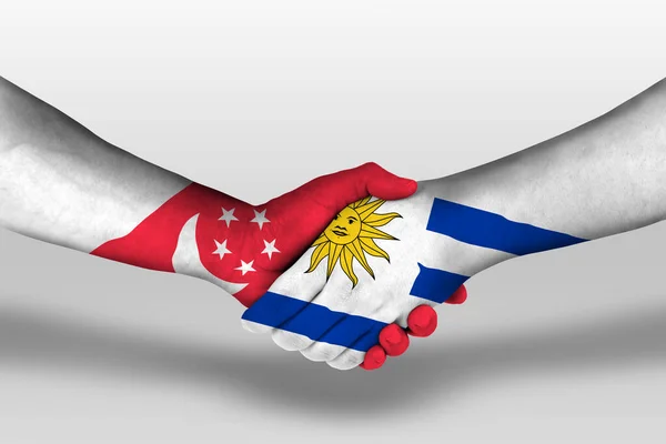 Handshake Uruguay Singapore Flags Painted Hands Illustration Clipping Path — стоковое фото