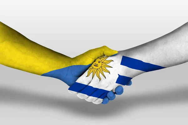 Kézfogás Között Uruguay Ukrajnai Zászlók Festett Kezét Illusztráció Nyírás Útvonal — Stock Fotó