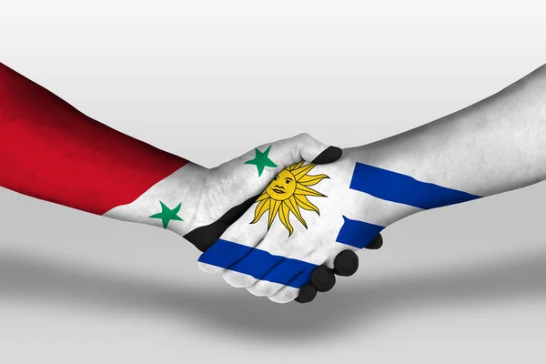 Handshake Uruguay Syria Flags Painted Hands Illustration Clipping Path — стоковое фото