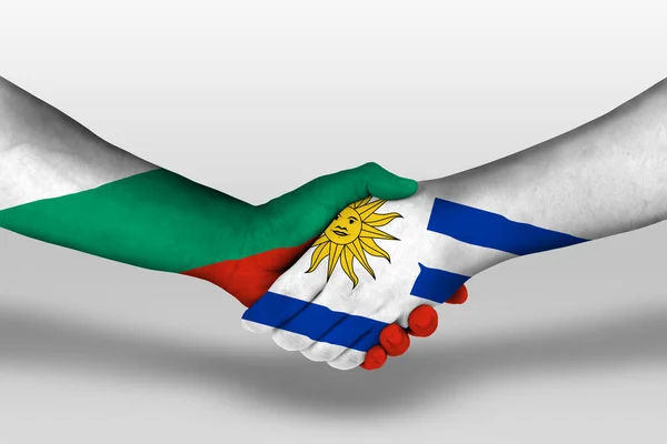 Handshake Uruguay Bulgaria Flags Painted Hands Illustration Clipping Path — стоковое фото