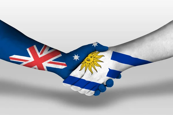 Handshake Uruguay Australia Flags Painted Hands Illustration Clipping Path — стоковое фото