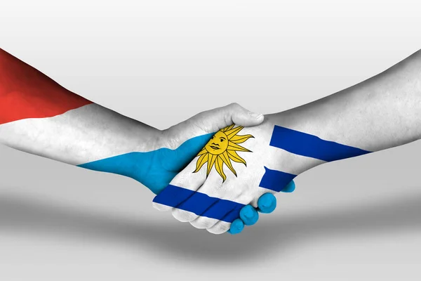 Handshake Uruguay Luxembourg Flags Painted Hands Illustration Clipping Path — стоковое фото