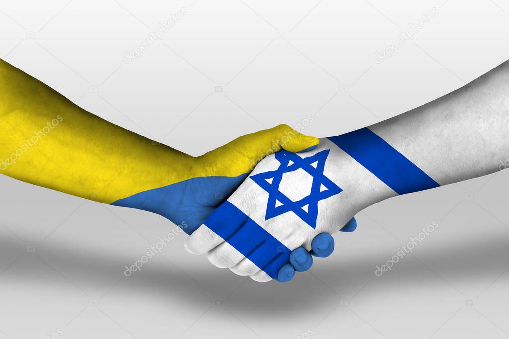 Handshake between israel and ukraine flags painted on hands, illustration with clipping path.