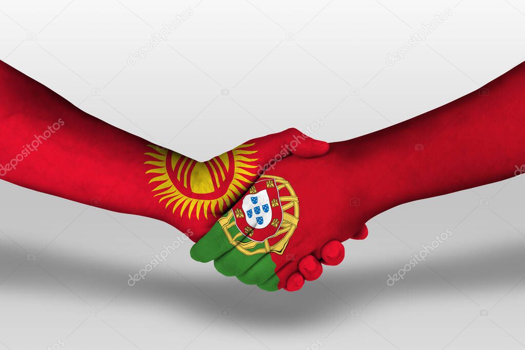 Handshake between portugal and kyrgyzstan flags painted on hands, illustration with clipping path.