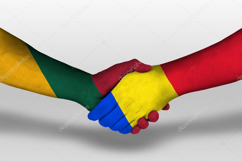 Handshake between romania and lithuania flags painted on hands, illustration with clipping path.