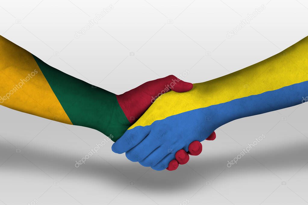 Handshake between ukraine and lithuania flags painted on hands, illustration with clipping path.