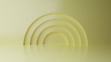 Duvarında daire detayları olan çok az boş podyum. Boş oda konsepti ve yarı daire şeklinde doğal ışıklandırma. 3d şekil oluşturuluyor, ürün gösterimi. Gelecekçi duvar sahnesi.