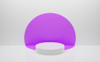 Abstract minimal empty podium with circle details on the wall. Empty room concept with half semi circle on natural lighting. Rendering 3d shape, product display presentation. Futuristic wall scene.