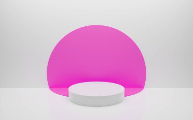 Abstract minimal empty podium with circle details on the wall. Empty room concept with half semi circle on natural lighting. Rendering 3d shape, product display presentation. Futuristic wall scene.