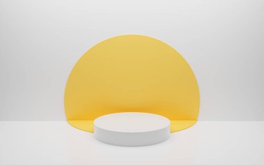 Abstract minimal empty podium with circle details on the wall. Empty room concept with half semi circle on natural lighting. Rendering 3d shape, product display presentation. Futuristic wall scene.