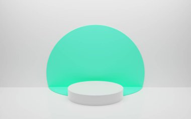 Abstract minimal empty podium with circle details on the wall. Empty room concept with half semi circle on natural lighting. Rendering 3d shape, product display presentation. Futuristic wall scene.