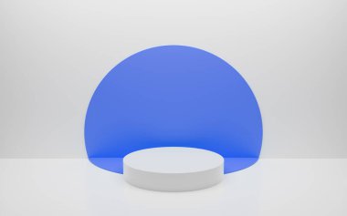 Abstract minimal empty podium with circle details on the wall. Empty room concept with half semi circle on natural lighting. Rendering 3d shape, product display presentation. Futuristic wall scene.