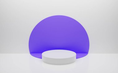 Abstract minimal empty podium with circle details on the wall. Empty room concept with half semi circle on natural lighting. Rendering 3d shape, product display presentation. Futuristic wall scene.