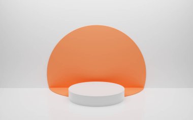 Abstract minimal empty podium with circle details on the wall. Empty room concept with half semi circle on natural lighting. Rendering 3d shape, product display presentation. Futuristic wall scene.