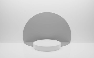 Abstract minimal empty podium with circle details on the wall. Empty room concept with half semi circle on natural lighting. Rendering 3d shape, product display presentation. Futuristic wall scene.