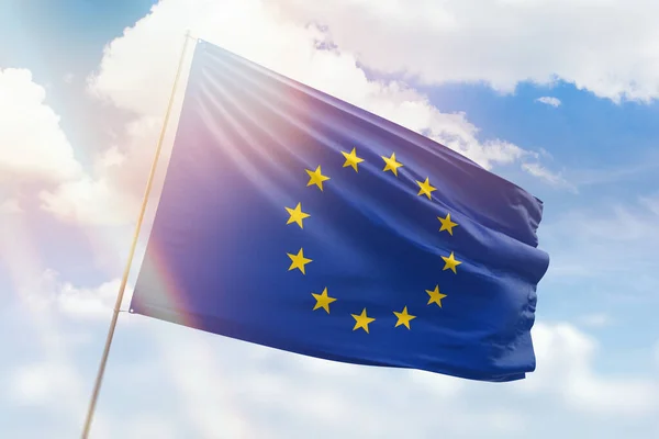 Sunny Blue Sky Flagpole Flag European Union — Fotografia de Stock