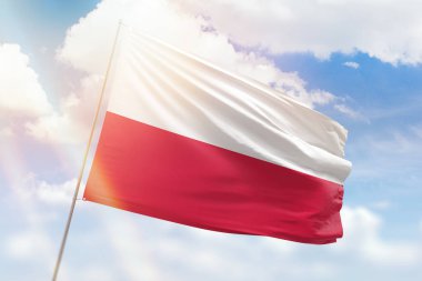 Güneşli mavi gökyüzü ve Polonya bayrağıyla bayrak direği
