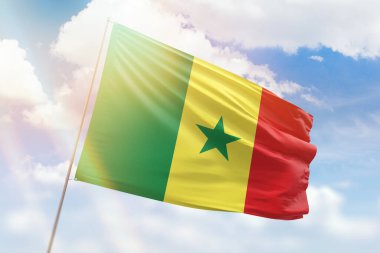 Güneşli mavi gökyüzü ve Senegal bayrağıyla bayrak direği
