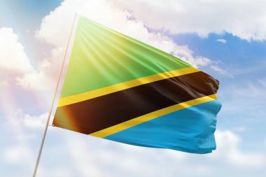 Güneşli mavi gökyüzü ve tanzanya bayrağıyla bayrak direği