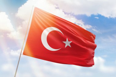 Güneşli mavi gökyüzü ve hindi bayraklı bayrak direği