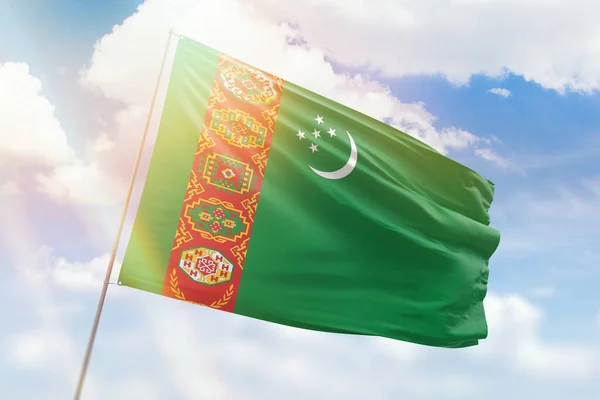 Sunny Blue Sky Flagpole Flag Turkmenistan — Stock fotografie