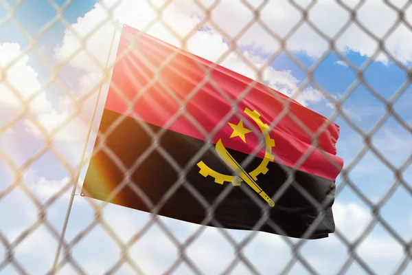 Steel Mesh Background Blue Sky Flagpole Flag Angola — Stock Photo, Image