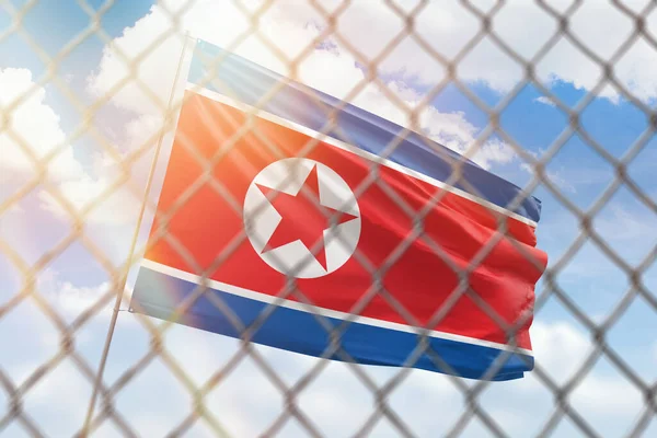 Steel Mesh Background Blue Sky Flagpole Flag North Korea — Foto de Stock