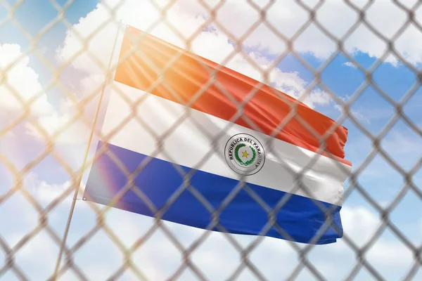 A steel mesh against the background of a blue sky and a flagpole with the flag of paraguay