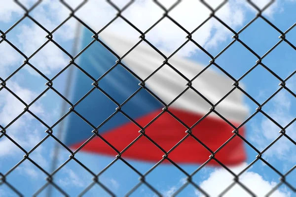 A steel mesh against the background of a blue sky and a flagpole with the flag of czechia