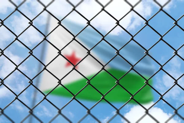 A steel mesh against the background of a blue sky and a flagpole with the flag of djibouti