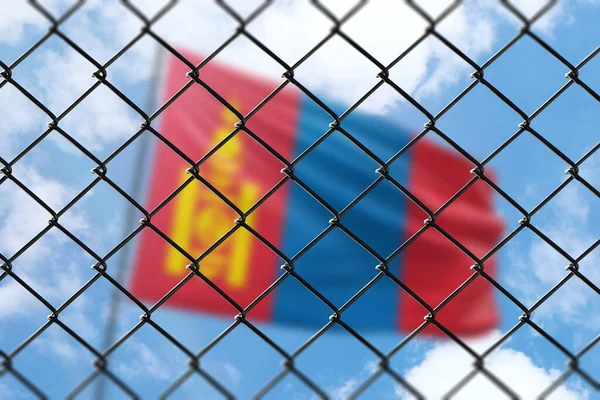 A steel mesh against the background of a blue sky and a flagpole with the flag of mongolia