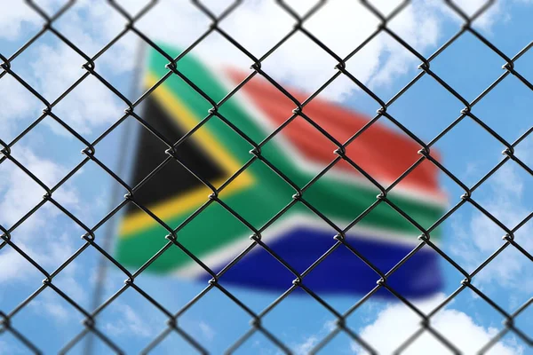 Steel Mesh Background Blue Sky Flagpole Flag South Africa — Stockfoto