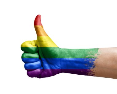 Hand making thumb up painted with flag of lgbt pride