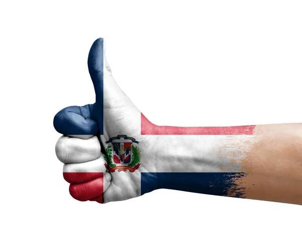 Рука Делает Большой Палец Вверх Раскрашенный Флагом Доминиканской Республики — стоковое фото